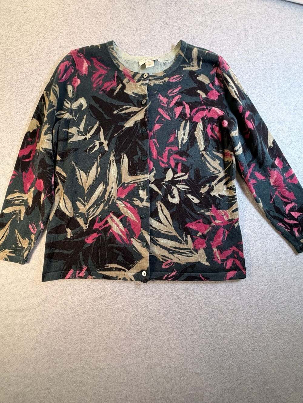 Christopher & Banks Cardigan Sweater Size P/L Floral Leaf Print Button Down